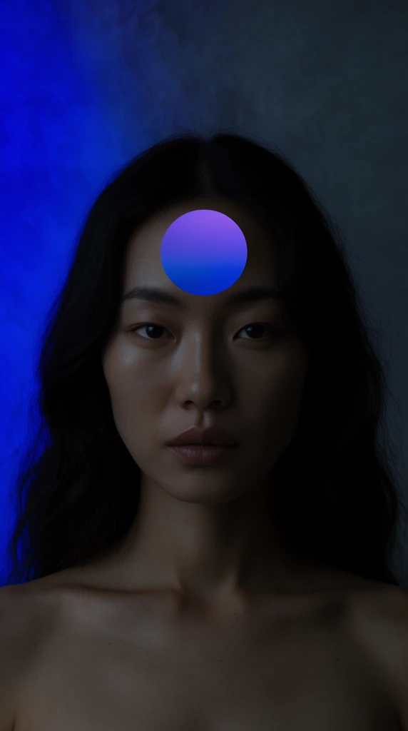 Close-up portrait of an East Asian woman with long dark wavy hair, bare shoulders, and a neutral expression. A perfect purple-to-blue gradient circle rests centrally on her forehead. Moody, low-key lighting softly highlights her facial features. The textured background features a vibrant cobalt blue glow on the left, transitioning into deep slate gray shadows on the right.