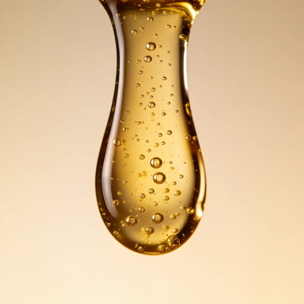 macro photography of a single elongated droplet of viscous golden liquid hanging vertically, filled with suspended tiny spherical bubbles, translucent amber substance, high surface tension, soft studio lighting highlighting curved edges, smooth warm beige gradient background