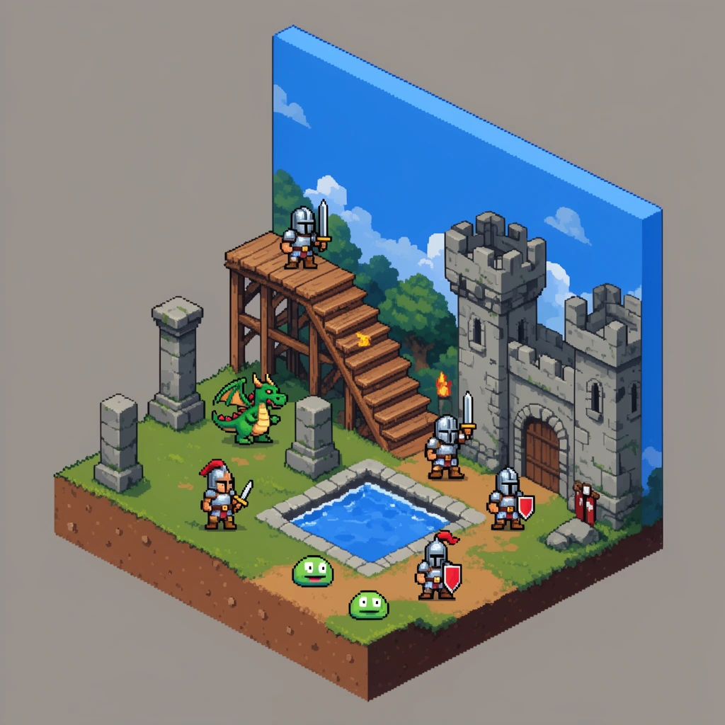 isometric pixel art diorama, flat 2D vertical wall showing a side-scrolling fantasy course with wooden stairs and stone keep, blue sky, brown 3D foreground floor, scattered 8-bit fantasy sprites, green dragon, knights, slimes, square water pool, stone pillars, vibrant colors, crisp pixels