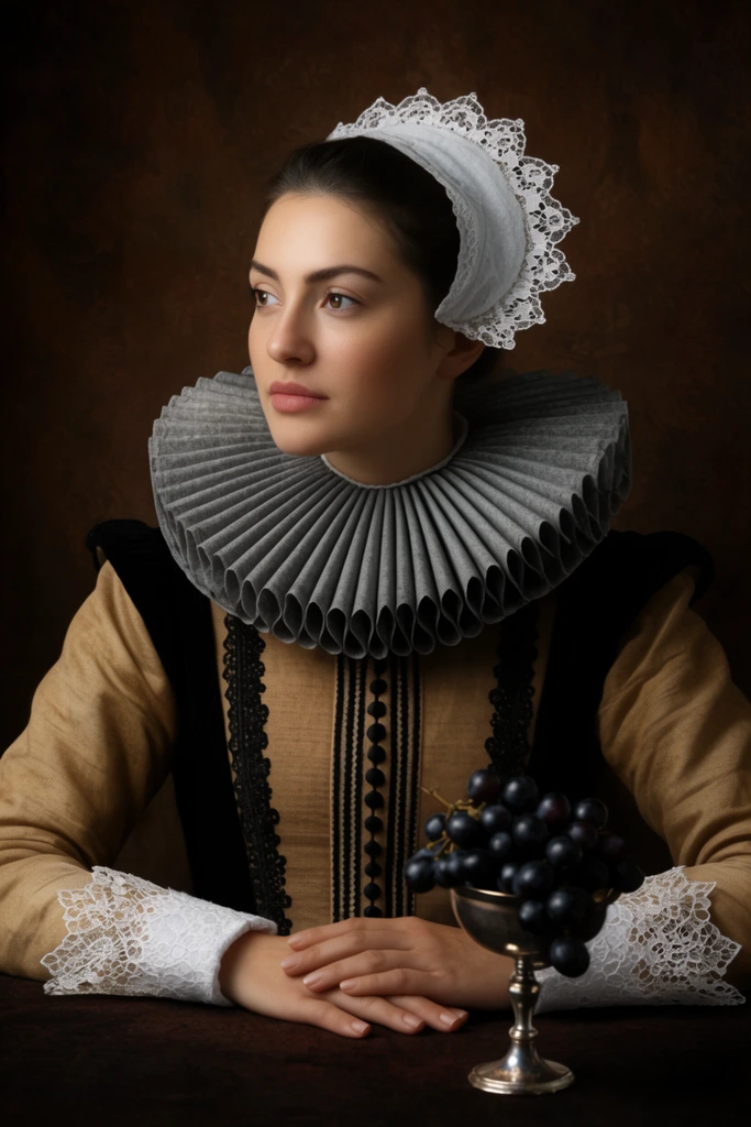 classical portrait photography of a woman looking left, historical attire, white lace headpiece, large pleated grey ruff collar, tan and black dress, white lace cuffs, hands resting flat on a dark table, silver goblet filled with dark grapes, textured dark brown backdrop, chiaroscuro lighting, soft shadows, rich warm tones