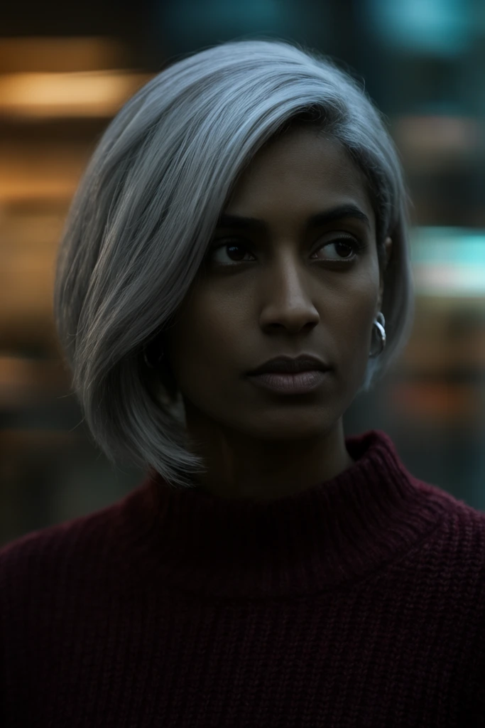 A cinematic medium close-up of a woman with dark olive skin and an asymmetrical silver bob haircut gazing thoughtfully off-camera to the right. She has deep brown eyes and a neutral, contemplative expression, dressed in a heavy maroon knit sweater with a high collar. Small silver hoop earrings catch the subtle ambient light. The background is heavily blurred using a shallow depth of field, featuring streaks of warm amber and cool cyan bokeh that suggest an out-of-focus urban environment at dusk. The lighting is moody and atmospheric, casting soft shadows across her angular facial features while cool rim lighting highlights the metallic sheen of her hair. The tight framing heavily emphasizes her intense demeanor against the abstract backdrop.