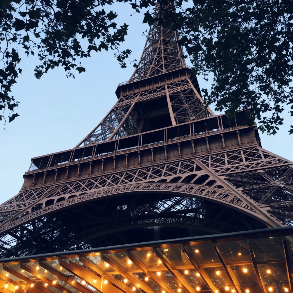 A massive wrought-iron lattice tower ascends into a clear pale blue twilight sky, captured from a dramatic low angle. Dark silhouettes of leafy tree branches frame the upper corners, creating a natural vignette. The imposing structure features complex geometric cross-bracing, sweeping lower arches, and horizontal tiered platforms. In the foreground, a modern glass canopy glows underneath with warm, spherical string lights. This inviting golden illumination contrasts sharply against the cool ambient evening light and the dark, intricate bronze-toned metallic framework.