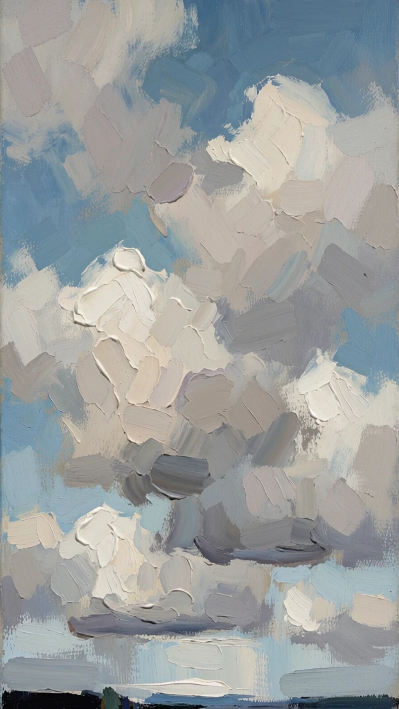 This expressionistic oil painting captures a vast, turbulent sky filled with heavy, textured clouds in a palette of muted blues, greys, and creams. The composition is dominated by large, billowing cloud formations rendered with thick, visible impasto brushstrokes that create a sense of three-dimensional depth and movement. These clouds feature a variety of shades, including stark white, pale beige, light lavender, and several depths of neutral grey. Some sections of the clouds appear dense and shadowed with darker slate tones, particularly in the lower central part of the mass, while other peaks are bright and highlighted. In the upper portions and around the edges, a muted cerulean blue sky is visible behind the cloud masses. Towards the bottom of the frame, the painting transitions into broken, horizontal bands of light pale blue and white, suggesting low-lying mist or reflections on water. A thin strip of very dark, almost black paint runs along the bottommost edge, suggesting a distant landmass or a horizon line. The overall texture is highly tactile, with each stroke of the brush clearly defined, contributing to a moody and atmospheric landscape.