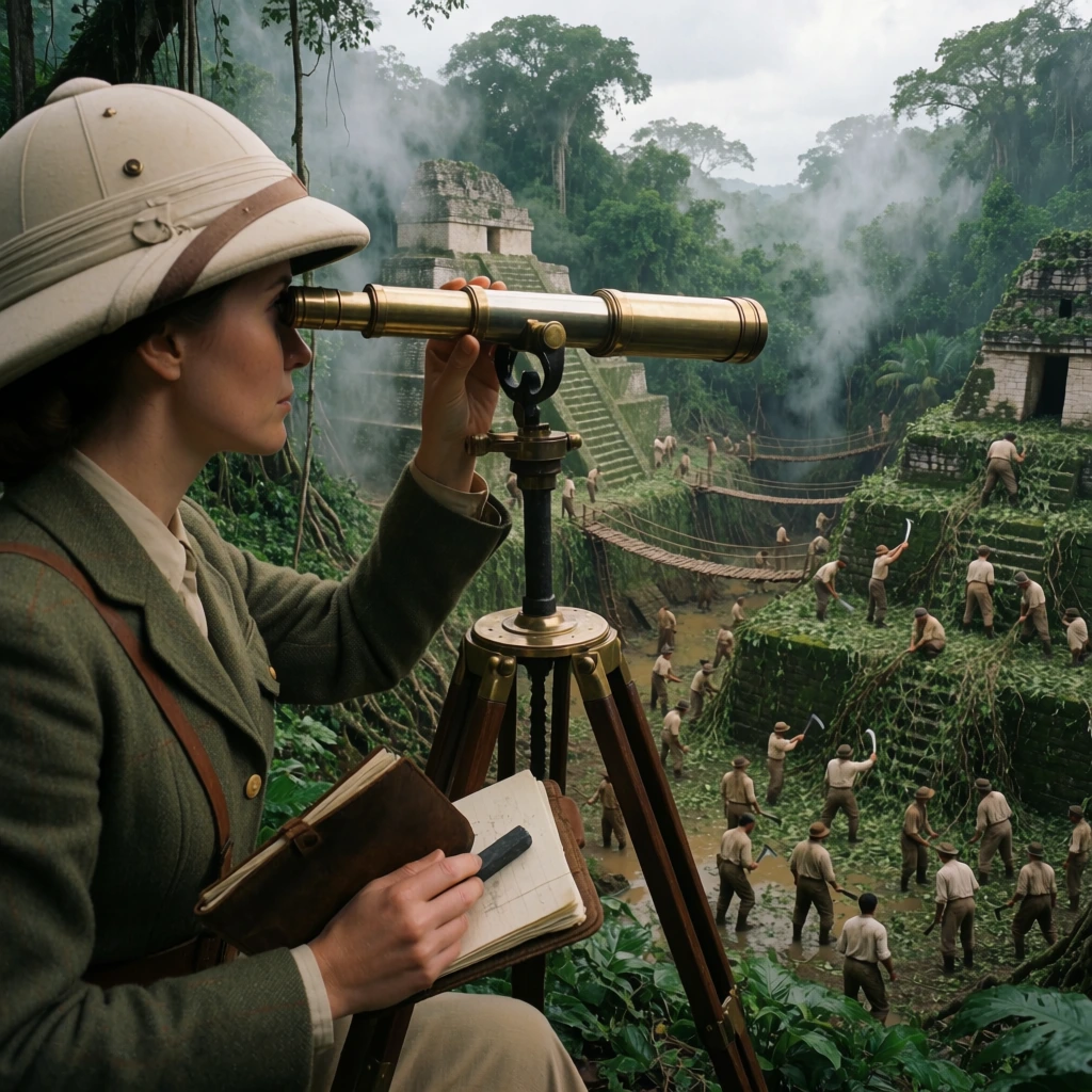 A female explorer in an olive-green tweed safari jacket and pith helmet peers through a polished brass surveying telescope mounted on a wrought-iron tripod. She grasps a leather journal and charcoal stick in her left hand. Framed in a close-up profile from the left, she overlooks a sprawling, mist-filled jungle excavation. In the background below, dozens of workers in canvas shirts clear thick vines from moss-covered stone pyramids using machetes. Wooden rope bridges span deep muddy trenches across the lush environment. The cinematic 35mm film aesthetic features a rich emerald and earth-toned color palette illuminated by soft, diffused overcast daylight.