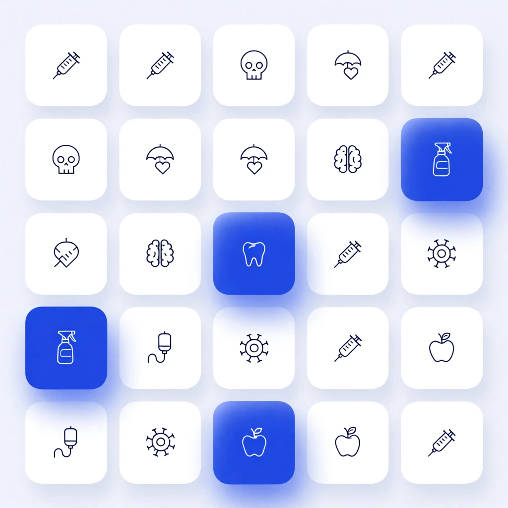 A neatly organized grid of rounded square tiles featuring minimalist, uniform line-art illustrations centered on wellness and anatomical themes. The composition embraces a modern digital interface aesthetic, utilizing soft drop shadows to give the tiles a raised, tactile appearance against a pale background. Most tiles are pristine white and showcase crisp, dark blue line drawings of items such as a syringe, a stylized skull, an umbrella sheltering a heart, a human brain, an intravenous drip, and a virus particle. Interspersed among these are three vibrant royal blue tiles with glowing drop shadows and contrasting white line-art, depicting a spray bottle, a single tooth, and an apple. The overarching style is clean and highly structured, defined by geometric precision, soft ambient lighting, and a cohesive two-tone color palette.