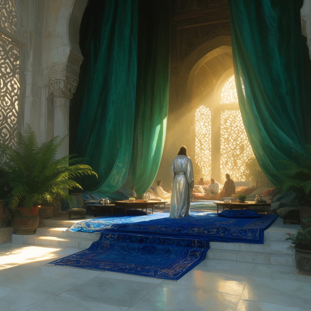 A grand open-air chamber bathed in golden sunlight streaming through a stone archway. Towering emerald drapes frame a raised platform covered in layered sapphire rugs. A figure in flowing silver robes stands near low tables and lounging companions in the background. Potted green ferns contrast with the cool marble room. The painterly digital art features cinematic lighting, highlighting bright sunbeams striking the floor and ornate lattice screens.
