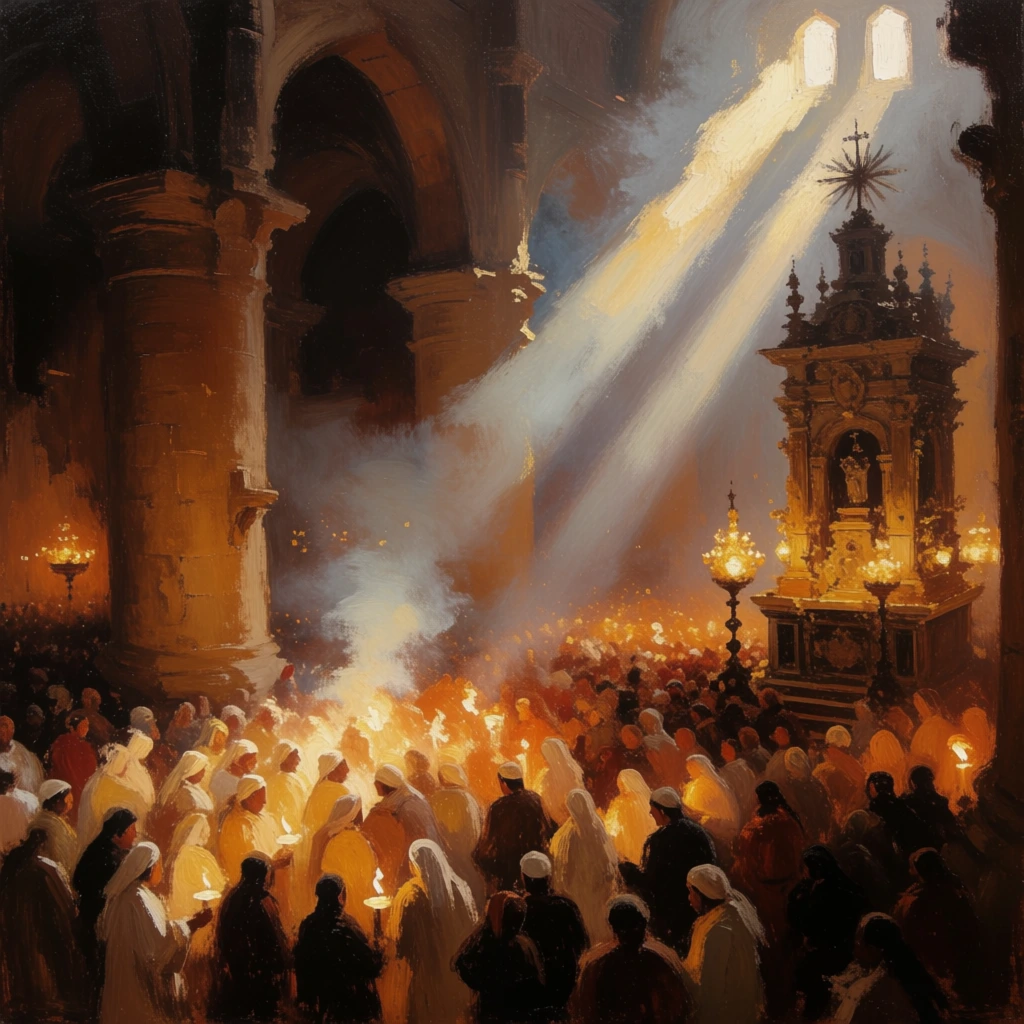 An oil painting of a densely packed crowd inside a cavernous, dimly lit cathedral. A sea of people fills the lower frame, many wearing white head coverings and holding lit candles that cast a warm, golden glow across the assembly. To the right stands a towering, ornate stone shrine adorned with glowing lamps. Colossal stone pillars rise into the shadows on the left. Two brilliant shafts of light beam diagonally down from the upper right, piercing a smoky atmospheric haze to illuminate the crowd. The high-angle composition uses loose brushwork, rich earthy tones, and dramatic chiaroscuro to contrast the shadowy, monumental architecture with the radiant, dynamic pools of firelight below.