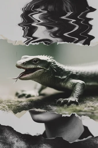 Fragmented Monochrome Collage style reference image — distressed film texture