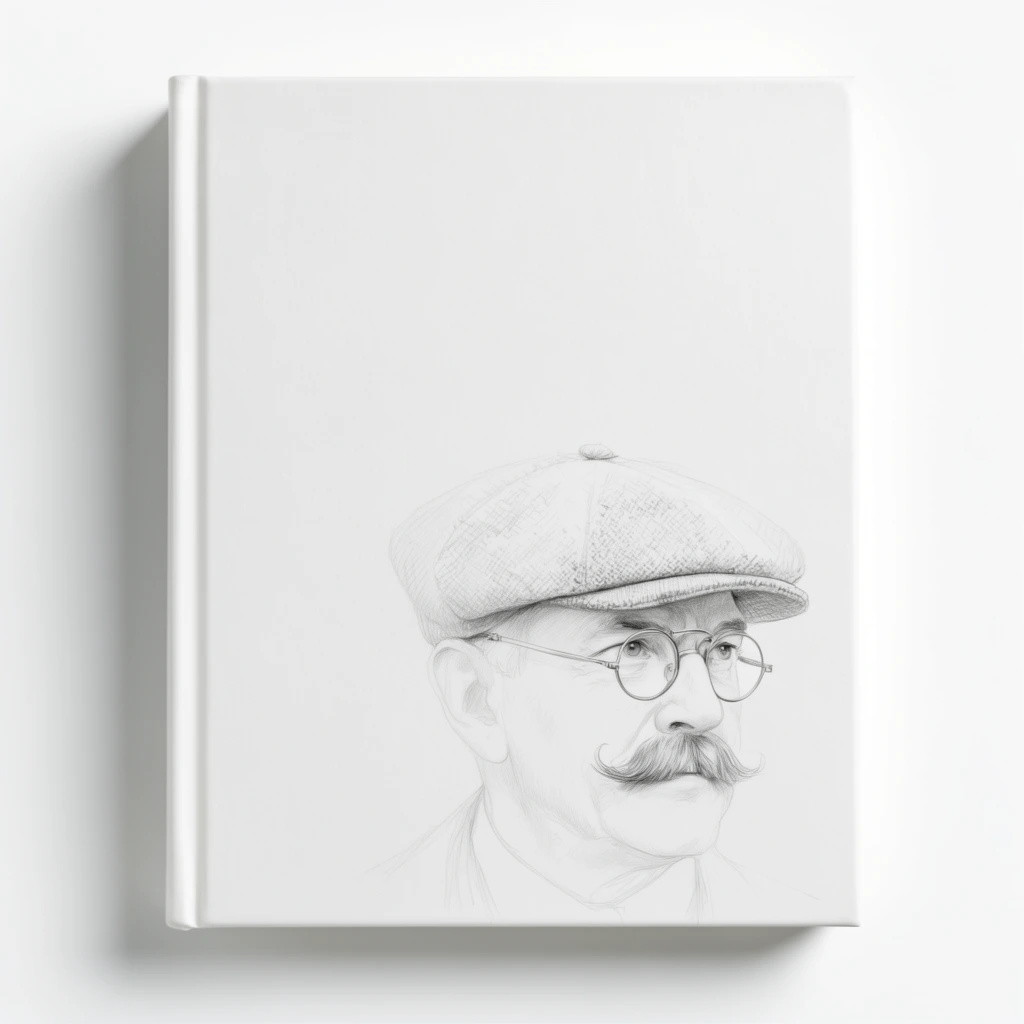 white hardcover book lying flat on a pristine white surface, soft leftward drop shadow, minimalist cover design with expansive negative space, lower right features a delicate faint graphite sketch, portrait of an older gentleman with a thick curled mustache and wire-rimmed glasses, wearing a tweed newsboy cap, sharp rightward gaze, subtle cross-hatched shading, top-down flat lay perspective, soft diffused studio lighting, monochromatic light gray and white palette, clean and elegant presentation
