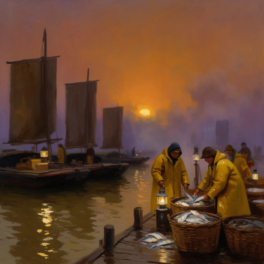 An impressionistic oil painting of a misty river delta at twilight, defined by loose brushwork and a deep amber and violet sky. A setting sun breaks through rolling fog, casting warm light over murky water. On a wooden dock in the right foreground, figures in heavy yellow oilskin coats sort fish into large woven baskets beneath glowing lanterns. To the left, several flat-bottomed river barges with low, rectangular canvas sails are moored, their dark silhouettes contrasting sharply against the luminous sky. Glimmering reflections of lantern light and the sun stretch across the rippling water.