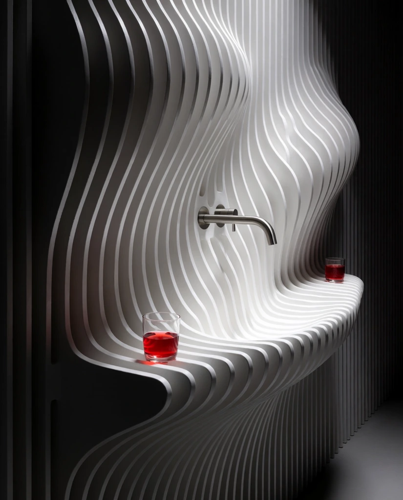 futuristic parametric wall installation, repeating white vertical fins smoothly curving outward to form integrated shelves and a seamless basin, modern minimalist faucet, small glasses of vibrant red liquid resting on the undulating ledges, dramatic high-contrast lighting, sleek architectural design, deep shadows fading into a dark background