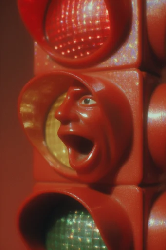 Neon Crimson Surrealism style reference image — saturated crimson red