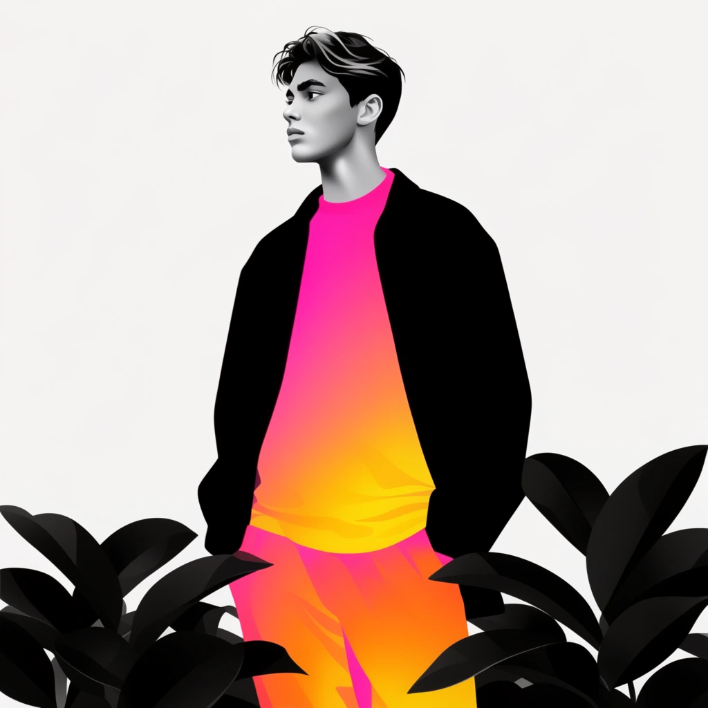 Vector illustration of a young man looking left, greyscale skin and hair, black open jacket, striking neon pink to yellow and orange gradient shirt and pants, partially obscured by solid black broad leaves in the foreground, stark white background, surreal high contrast color blocking, smooth digital shading, minimalist editorial art style