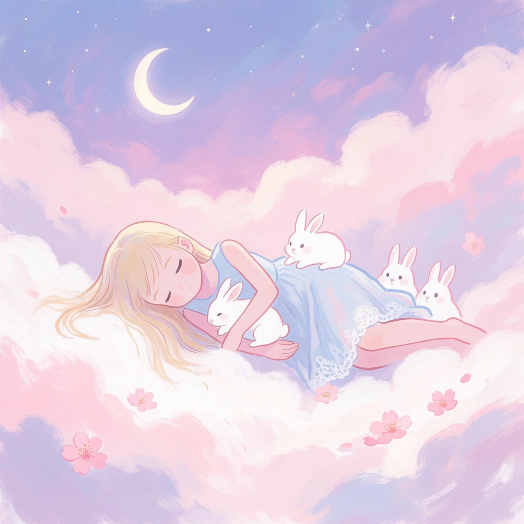 A young blonde girl in a light blue dress sleeps peacefully on a bed of soft clouds surrounded by several white rabbits under a crescent moon. The girl, positioned centrally, lies on her side with her eyes closed and her long, straight blonde hair spreading across the billowy white and pink clouds. She wears a sleeveless, light blue dress with delicate lace detailing at the bottom hem. A small white rabbit is nestled securely in her arms against her chest, while another sits atop her hip. To the right of her head, two additional white rabbits with small black eyes peek out from the fluffy surroundings. The entire scene is set within a vast expanse of soft, painterly clouds in shades of pale pink, lavender, and white, with several small pink cherry blossoms scattered in the foreground. Above her, the sky transitions from a warm violet to a light blue, featuring a glowing, slender crescent moon in the upper left and tiny, twinkling stars scattered across the top. The digital illustration uses a soft pastel color palette and expressive, visible brushstrokes that create a dreamlike, ethereal atmosphere. The lighting is diffused and gentle, casting no harsh shadows, while the perspective is a side-view wide shot that captures the girl's full reclining figure amidst the celestial environment.