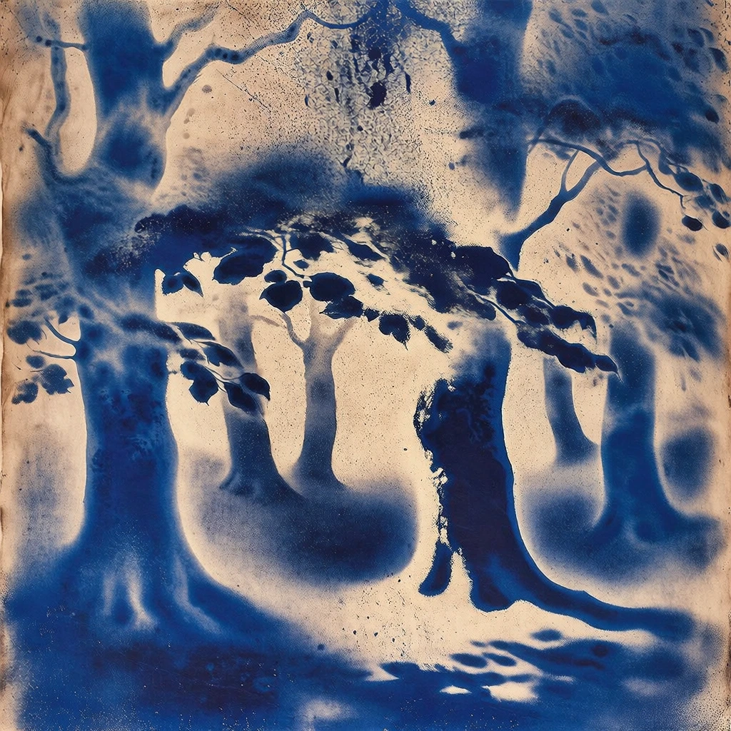 a forest with several trees and leaves, rendered in the visceral style of an yves klein anthropometry print, featuring a high-contrast duo-tone of deep international klein blue and oxidized cream, silhouettes of trunks and foliage defined by raw stippled spray textures and ink-spattered bleeds, ethereal solarized lithograph aesthetic, flattened perspective on grainy parchment with heavy speckling, moody avant-garde atmosphere, soft-edged yet bold graphical silhouettes
