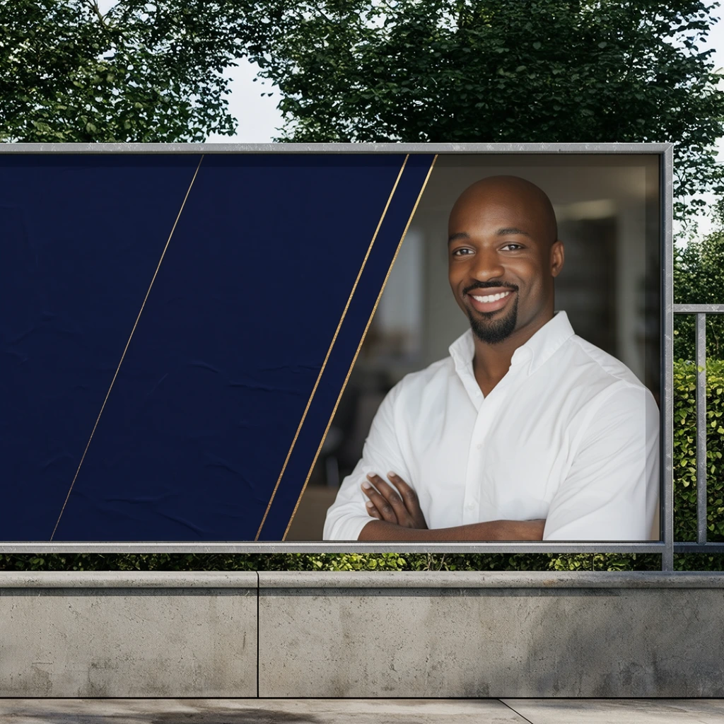 A large outdoor advertising billboard with a split graphic design is mounted on a textured concrete wall beneath leafy green trees. The silver-framed billboard features thin, metallic gold diagonal lines dividing its layout. The left section is a solid, slightly wrinkled dark navy blue surface. The right side displays a portrait of a smiling Black man with a shaved head and neat goatee, wearing a white button-down shirt with folded arms against a blurred interior backdrop. The structure rests on a segmented light gray concrete barrier, framed by dense, dark green foliage under even, natural daylight. The straight-on, photorealistic composition highlights the sharp contrast between the deep navy graphics, the bright white clothing, and the vibrant outdoor environment.