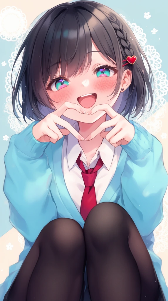 close-up anime illustration of a smiling girl, short dark hair with a small braid and red heart hairpin, vibrant turquoise and pink gradient eyes, heavily blushing cheeks, wide joyful smile, hands playfully forming a heart shape near her mouth, oversized light blue cardigan, white collared shirt, red tie, knees pulled up in black tights, soft pastel background of light blue and cream panels, delicate white lace doily patterns, tiny white flowers, soft luminous lighting, expressive anime style
