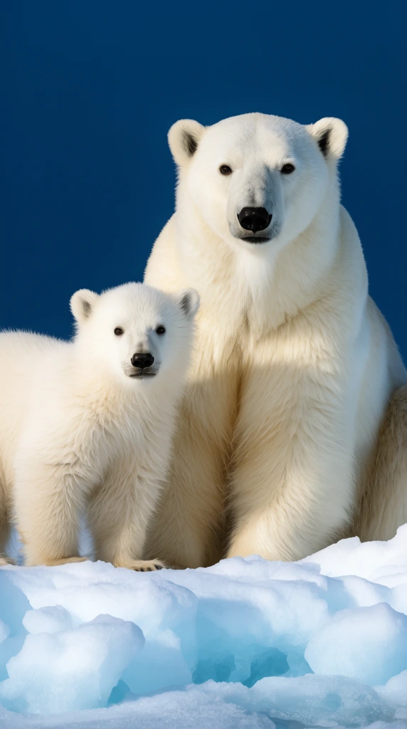 adult polar bear and cub on snowdrifts, direct gaze, creamy white fur, pale blue ice shadows, deep solid blue background, wildlife photography, sharp focus