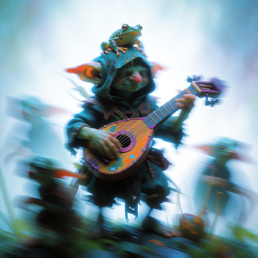 ethereal long exposure photography with heavy motion blur and high film grain, featuring a goblin in a dark hooded tunic playing a wooden lute with vibrant orange and purple accents and a small frog on his head, ghostly blurred silhouettes of creatures dancing, cool cyan and icy blue color palette contrasted with deep black shadows, painterly texture with soft glowing highlights, moody dreamlike aesthetic, grainy noise, dark central figure against a bright hazy backlit background.
