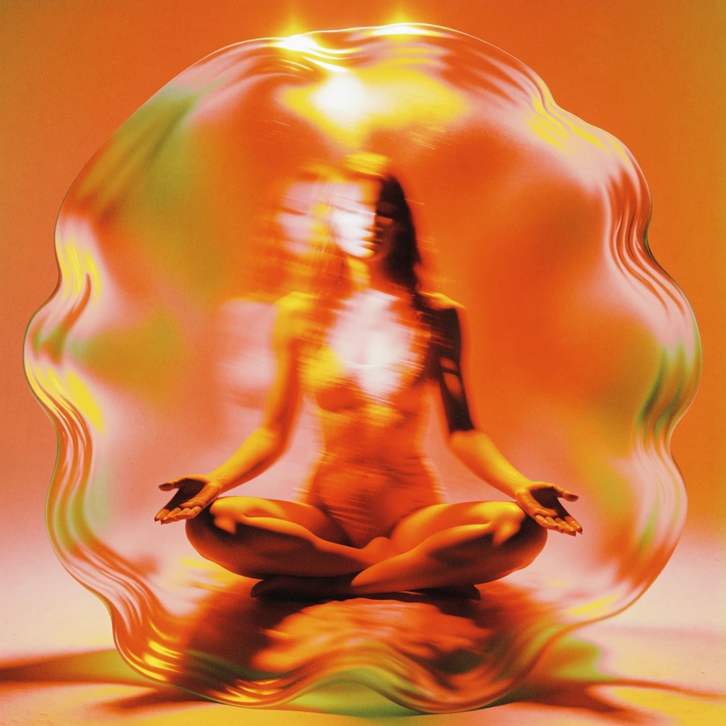 woman meditating in a centered lotus pose within a fluid undulating wavy frame, high-intensity thermal solarization, smudged long-exposure motion blur, internal luminosity with core-white glow, vibrant tangerine and amber palette, spectral iridescence on edge-lit highlights, soft-focus ethereal haziness, visceral psychedelic atmosphere, high-contrast silhouette against a flat burnt-orange backdrop, dreamlike diffusion, liquid light textures, smeared peripheral distortion.