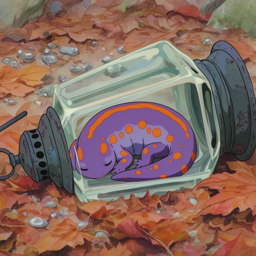 plump violet salamander with bright orange spots sleeping inside an old faceted glass lantern tipped on its side, resting on a textured bed of dry copper-colored autumn leaves and scattered silver pebbles, hand-drawn 2D animation style, traditional watercolor and colored pencil background textures, soft muted natural lighting, pastel and earthy color palette, whimsical vintage anime aesthetic, high angle medium shot, organic environmental details