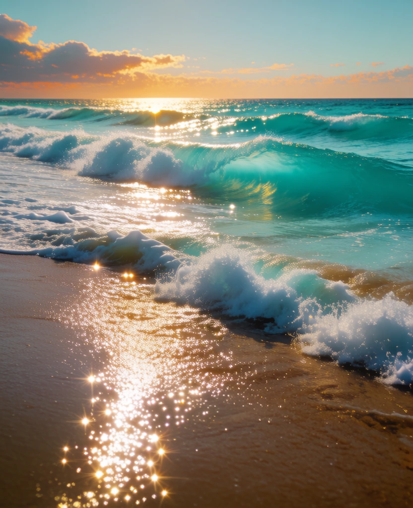 A vertical shot captures turquoise ocean waves breaking onto a wet sandy shore, illuminated by the sparkling golden light of a low-lying sun. Large turquoise waves with white frothy crests roll toward the shoreline, with one primary wave in the mid-ground showing a translucent curve of light teal. The surface of the water and the wet, brownish-tan sand in the foreground are covered in dense, bright, star-like white and golden highlights where the sunlight reflects. These glimmers form a shimmering path that leads from the bottom left corner toward the center of the frame. In the background, the ocean continues toward a clear horizon line under a pale blue sky. Soft, scattered clouds near the horizon are tinged with orange and pink, their edges rimmed with golden light from the setting or rising sun. The composition uses a low-angle perspective to emphasize the texture of the crashing foam and the reflective quality of the water. The color palette is a vibrant mix of deep teal, bright white foam, and warm golden-brown earth tones, rendered with a focus on high-contrast lighting and sharp, glittering details.