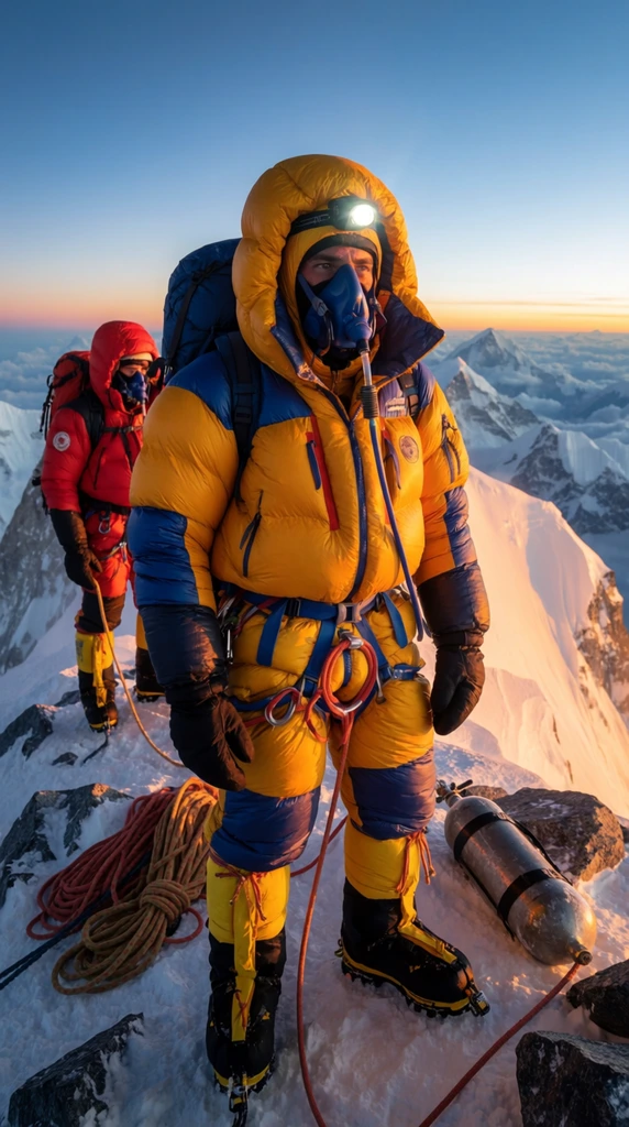 A mountaineer in a bulky yellow and blue down suit, oxygen mask, and headlamp stands on a rocky, snow-covered summit. Climbing ropes and an oxygen tank lie nearby. A second climber in red stands behind against a backdrop of endless snow-capped mountain peaks illuminated by a golden sunrise.