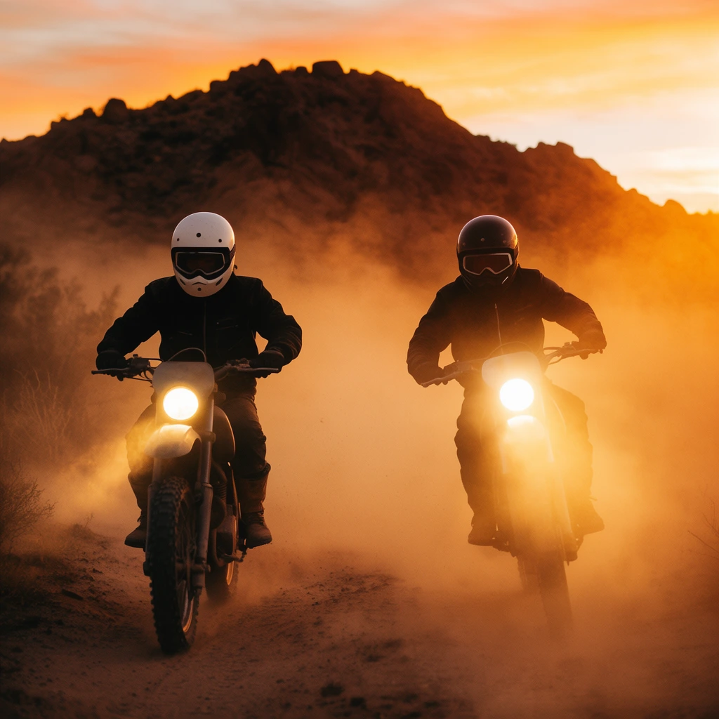 two motorcyclists riding dirt bikes on a dusty desert trail at sunset, rider on the left in a white helmet, rider on the right in a dark helmet, both wearing goggles and dark jackets, bright round motorcycle headlights piercing through thick clouds of illuminated dust, dark silhouetted rocky mountain in the background, glowing orange and yellow sky, hazy cinematic atmosphere, low angle frontal perspective, dynamic action photography, warm amber color palette