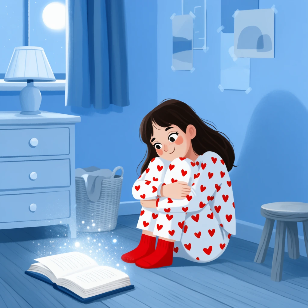 young girl hugging her knees on a bedroom floor, whimsical 2D digital illustration, monochromatic cool blue palette with bright pops of red, girl wearing white pajamas with red hearts and red socks, glowing open book on the wooden floor emitting magical sparkles, small wooden stool, light blue dresser with a table lamp, woven laundry basket, window with blue curtains, soft moonlight, minimalist posters taped to a blue wall, soft stylized shading, cozy atmosphere