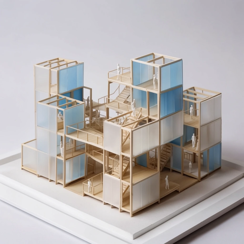 An architectural scale model of a modular multi-story complex built from light wood framing and frosted blue and white panels. Tiny white human figures populate the open platforms and internal staircases. The minimalist model rests on a white baseboard against a brightly lit pale grey studio background viewed from a high angle.