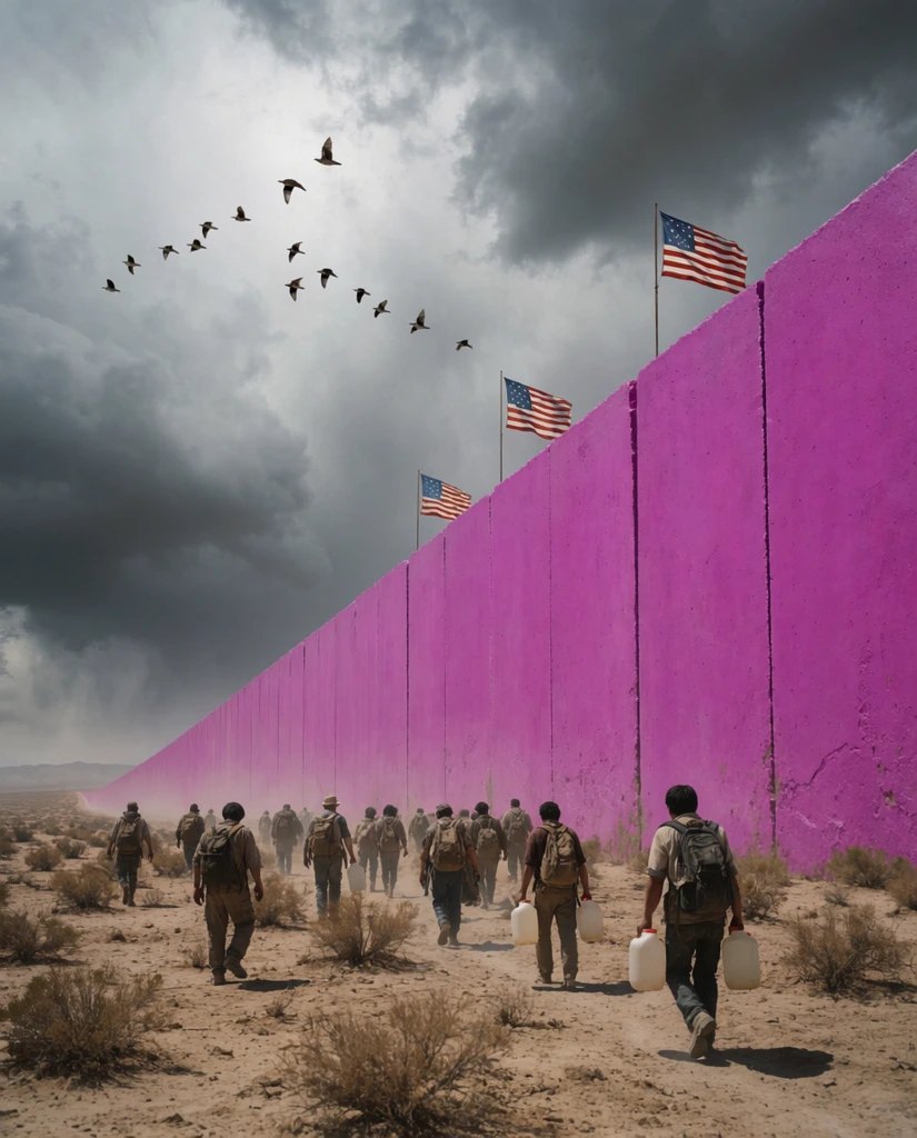 A massive, solid magenta wall cuts diagonally across a dry desert landscape under a stormy, overcast sky. Three flags with stars and stripes wave from the top edge of the towering monolithic structure. In the foreground, a scattered group of people carrying backpacks and white jugs walks away from the viewer toward the barrier, traversing arid earth dotted with dry scrub brush. High in the dramatic dark clouds to the left, a flock of birds flies in a V-formation. The composition contrasts the muted, realistic terrain and moody lighting with the surreal, vivid color of the imposing barrier.