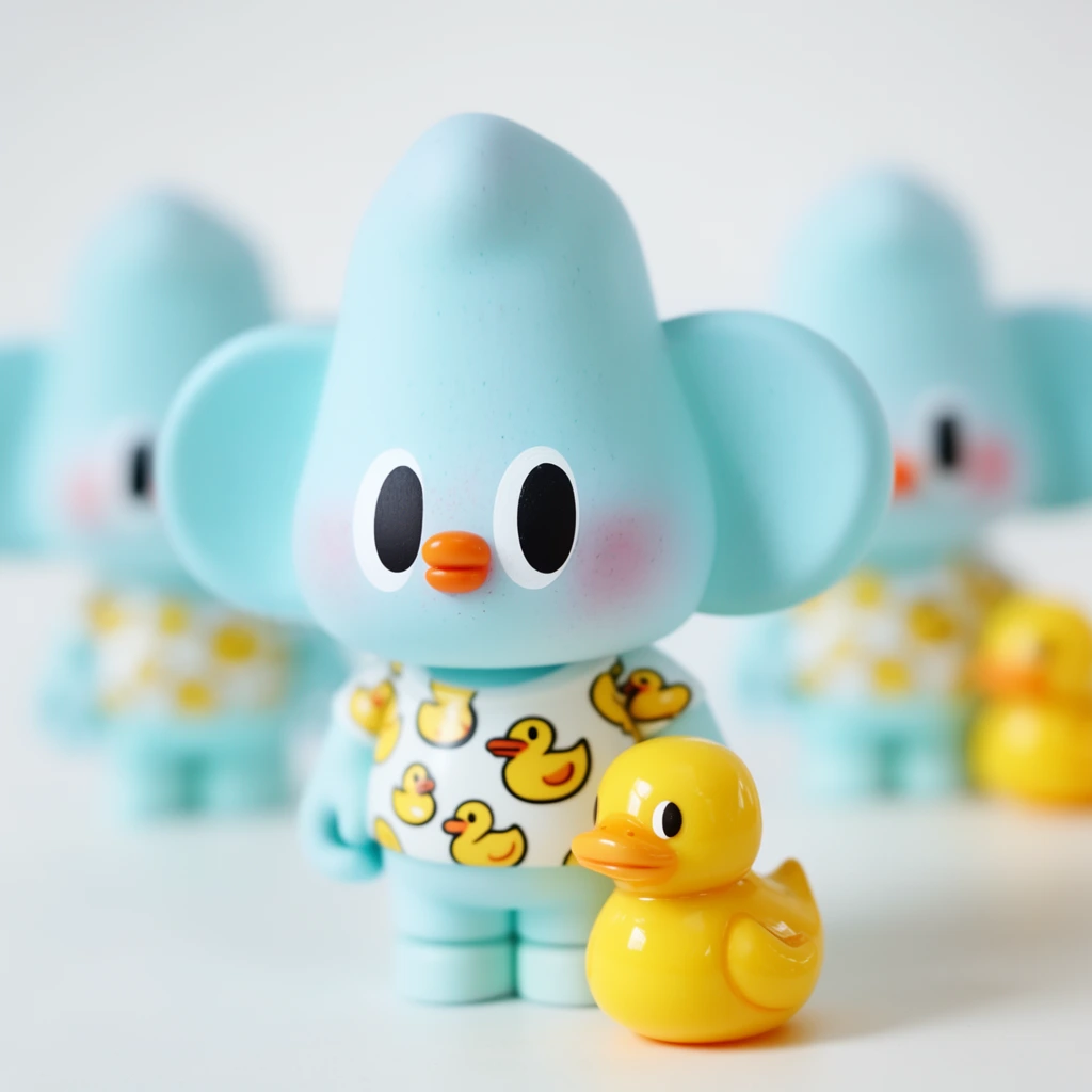 light blue vinyl toy figure with oversized head and duck-print shirt, small glossy yellow duck figurine in foreground, identical blurred figures in bright white background, macro photography, soft lighting, pastel colors, shallow depth of field