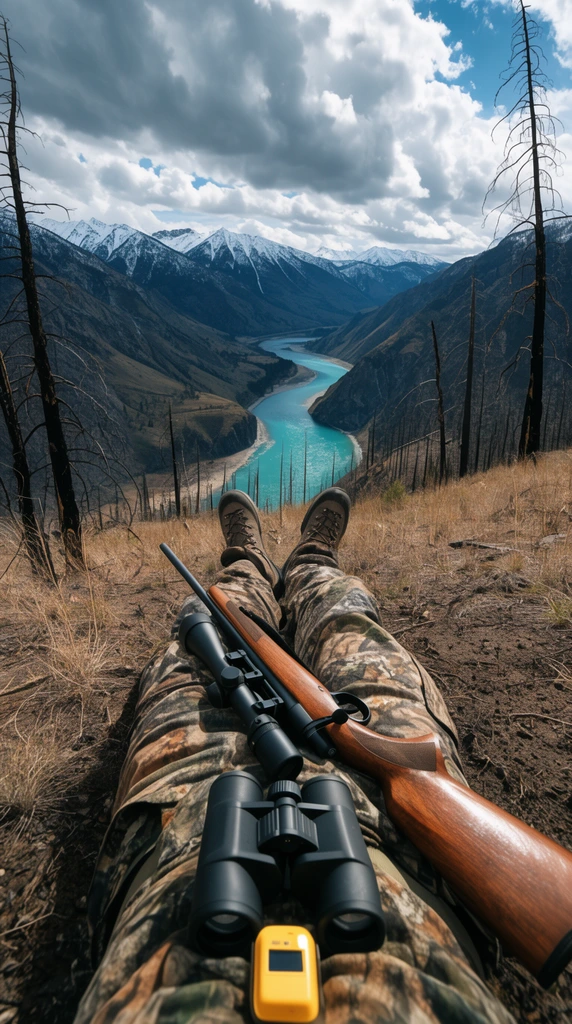 First-person perspective of a person lying on a rugged hillside overlooking a sweeping mountain valley. The legs stretch forward in camouflage clothing and hiking boots, with a scoped wooden hunting rifle resting across the thighs. Black binoculars sit on the chest near a small yellow device. The immediate terrain features dry earth, brittle grass, and charred tree trunks. In the distance, a vibrant turquoise river snakes through a deep canyon flanked by snow-capped mountains under a dramatic, cloud-filled sky.