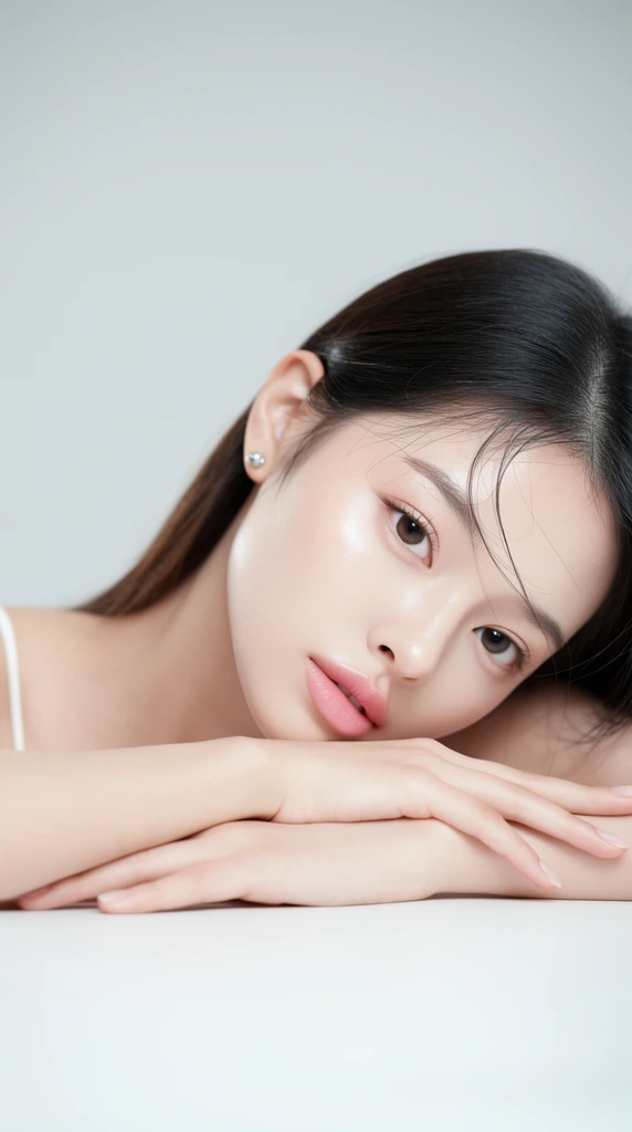 Close-up beauty portrait of a young Asian woman resting her head on crossed arms over a pristine white surface, flawless dewy skin, soft pink parted lips, straight dark hair tucked behind the ear, delicate loose strands on forehead, silver stud earring, natural manicured hands, thin white strap, seamless light gray background, soft diffused high-key studio lighting, shallow depth of field, sharp focus on eyes, serene ethereal atmosphere, professional cosmetic photography