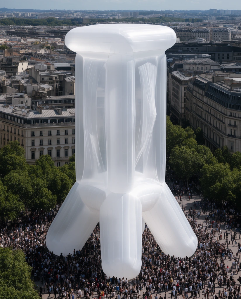 A colossal white inflatable tower dominates a bustling city plaza. The translucent balloon-like installation features thick tubular legs and sheer fabric panels mimicking a classic four-legged architectural silhouette. Dense crowds gather beneath its massive base amidst historical buildings and green trees. Captured from a high-angle aerial perspective in bright daylight, the surreal contrast between rigid urban architecture and the soft monumental temporary sculpture creates a striking focal point.