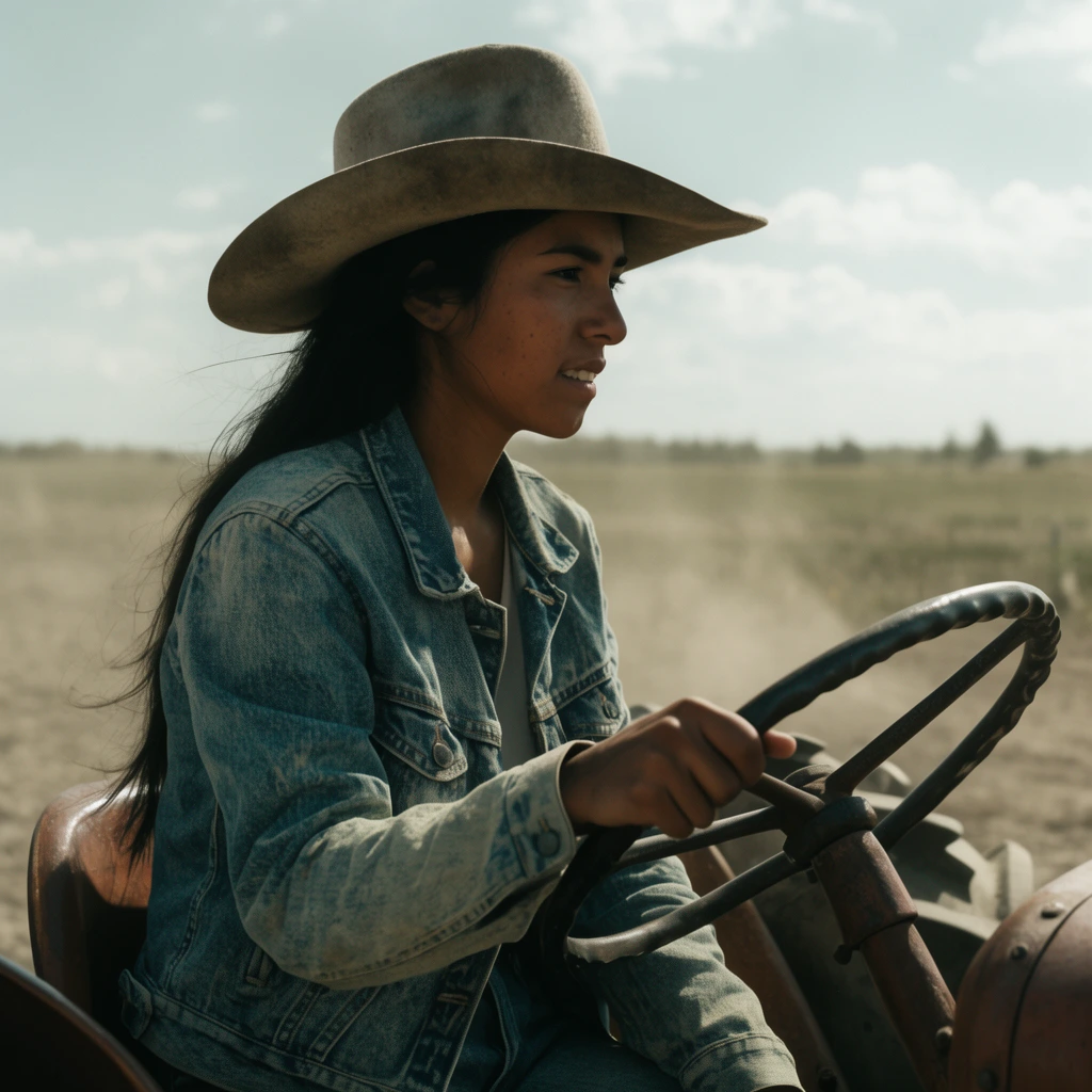 A young Native American woman drives a vintage tractor across a dusty field. Captured in a side-profile view, she wears a faded denim jacket and a wide-brimmed felt hat. Her hand grips a heavy iron steering wheel. Bright natural sunlight illuminates her face against the blurred background of an open rural landscape. The scene features cinematic lighting, a shallow depth of field, and a gritty, desaturated earthy color palette.