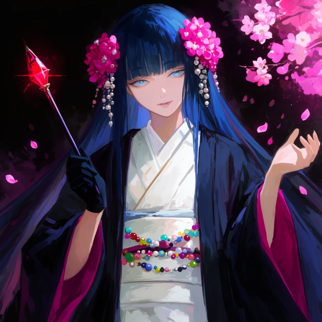 anime illustration, young woman with long dark blue hair and blunt bangs, pale blue eyes, vibrant pink floral hair pieces with dangling pearls, dark oversized haori jacket with magenta lining, layered white kimono, obi sash with multi-colored beaded necklaces, single black glove holding a slender wand topped with a glowing red gem, bare hand gently raised, dark background with glowing pink cherry blossoms and falling petals, painterly brushstrokes, dramatic lighting, high contrast