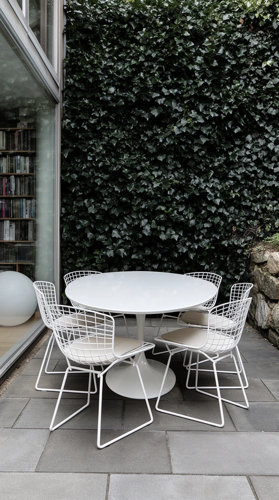 A modern outdoor dining setup features a glossy white oval pedestal table surrounded by five white wire-mesh chairs with thin sled legs and light beige seat cushions. The furniture rests on a patio of large, rectangular grey paving stones. A towering, dense wall of dark green ivy forms a lush backdrop. To the left, a floor-to-ceiling glass window reveals an interior room containing a tall bookshelf and a large white spherical object on the floor. The far right edge shows a rough stone retaining wall. Captured in soft, diffused natural daylight, the crisp white mid-century style silhouettes pop against the moody, deep green foliage in a precise architectural composition.