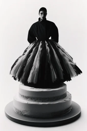 Sculptural Monochrome Noir style reference image — geometric fashion design
