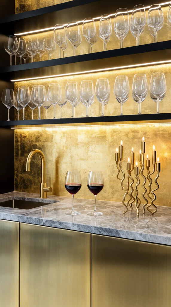 A luxurious wet bar backed by a textured gold leaf wall with LED-illuminated black metal shelving displaying pristine clear wine glasses. A grey veined marble countertop holds a sleek gold gooseneck faucet, two glasses of dark red wine, and an elaborate, undulating multi-arm gold candelabra. Brushed brass cabinetry anchors the space below. The straight-on interior photograph captures radiant metallic surfaces, reflective glass, and natural stone textures bathed in warm lighting.