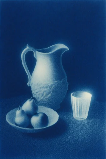 Ethereal Cyanotype Dreamscape style reference image — monochromatic indigo and white