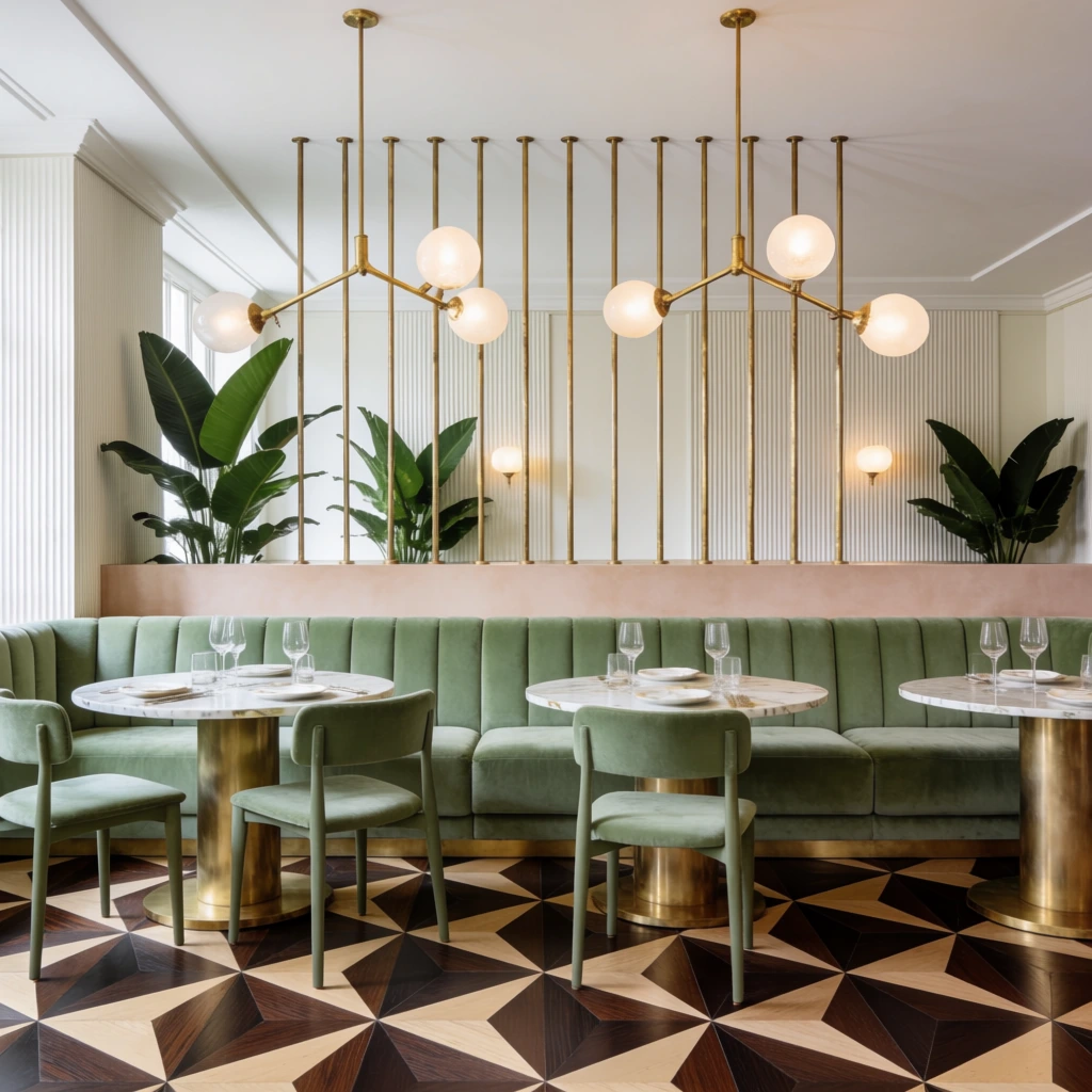 A luxurious contemporary dining room anchored by a striking geometric floor of dark brown and blonde wood triangles. A channel-tufted sage green velvet banquette aligns with round marble tables featuring cylindrical brass pedestals and matching green chairs. Vertical brass rods create a sleek room divider atop a low blush pink partition. Broad-leafed tropical plants, grooved wall panels, and a branching brass chandelier with frosted glass globes complete the brightly lit, Art Deco-inspired space.