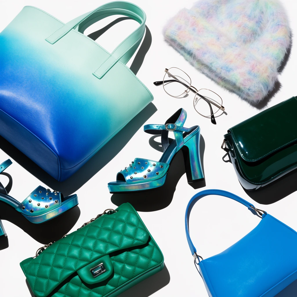A dynamic top-down flat lay of cool-toned fashion accessories scattered on a stark white background with hard black shadows. The arrangement features a large mint-to-blue gradient tote, a fluffy pastel beanie, wire-rimmed glasses, iridescent teal studded platform heels, a glossy dark green purse, a quilted emerald handbag, and a bright blue shoulder bag. Crisp studio lighting emphasizes the vibrant blue and green palette.