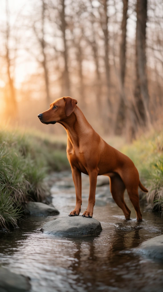 A rust-colored dog stands alert in a shallow woodland stream during golden hour. The sleek, muscular canine rests its front paws on a smooth grey rock, gazing intently to the left. Grassy banks frame the water channel. A shallow depth of field heavily blurs the background forest of bare trees into soft warm bokeh. Gentle sunlight illuminates the dog from the left edge, defining a luminous and serene mood in this professional nature photograph.