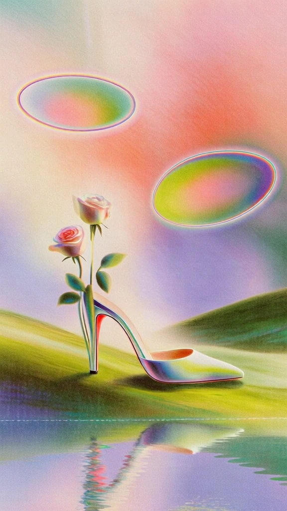 surreal dreamscape with a soft-focus grainy texture, pastel color palette of sunset pink, lavender, and mint green, featuring a minimalist high-heeled shoe with delicate roses emerging from the heel, sculptural forms, ethereal glowing iridescent ovals floating in the background, rolling green hills, painterly gradients, nostalgic lo-fi aesthetic, diffused glowing light, hazy atmosphere, reflection in bottom water plane, fine film grain.