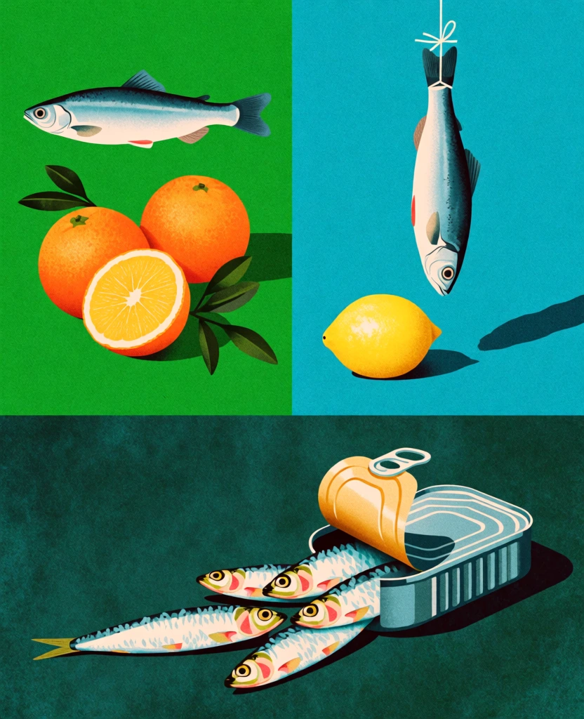 surrealist arrangement in a liminal 1970s analog aesthetic, heavy film grain, desaturated cyan and vibrant grass-green color story, upper left a horizontal fish above two oranges and a halved citrus with leaves, upper right a fish hangs vertically by its tail over a lemon, bottom right an open tin can with four sardines and a peeled-back lid with "les savoureuses sardines à l'huile" text, bottom left minimal concentric water ripples, soft diffused lighting, grainy matte finish.
