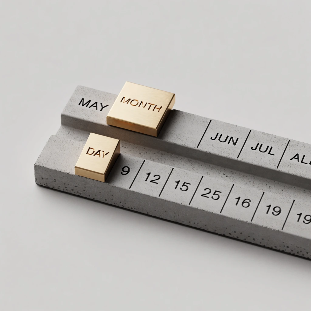 A minimalist perpetual calendar made of textured grey concrete and polished brass sliders sits against a neutral, solid grey background. The calendar features a long, rectangular base with two tiered steps or grooves running horizontally across its length. On the upper tier, a square brass slider engraved with the word "MONTH" in a dark, capitalized sans-serif font is positioned over the section for July. The concrete base on this level is marked with the month abbreviations "MAY", "JUN", "JUL", and "AL" in black, each separated by thin vertical lines. On the middle tier, a smaller, upright rectangular brass slider with the word "DAY" engraved on its face is placed near the beginning of the row. The bottom section of the concrete base displays a numerical sequence starting from "9" and continuing to "19", with each number separated by a vertical black bar. All text, including "MONTH", "DAY", "MAY", "JUN", "JUL", "AL", and the numbers "9" through "19", is rendered in a clean, modern sans-serif typeface. The lighting is soft and diffused, originating from the upper left to cast subtle shadows to the right of the metallic components, emphasizing the granular, porous texture of the stone-like base and the smooth, reflective finish of the brass. The composition is a clean close-up shot with a slightly elevated perspective, highlighting the industrial aesthetic and the contrast between the cool grey material and the warm metallic accents.