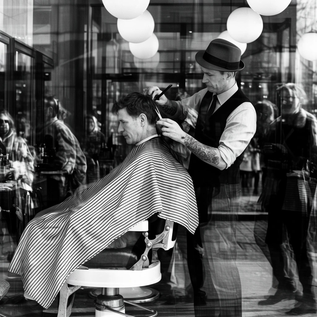 black and white street photography, man getting a haircut in a vintage barber chair, draped in a striped cape, barber wearing a fedora and dark vest cutting hair, tattooed forearm, shot through a glass storefront window, complex layered reflections, silhouettes of pedestrians outside reflected on the glass, large spherical pendant lights, high contrast, double-exposure effect