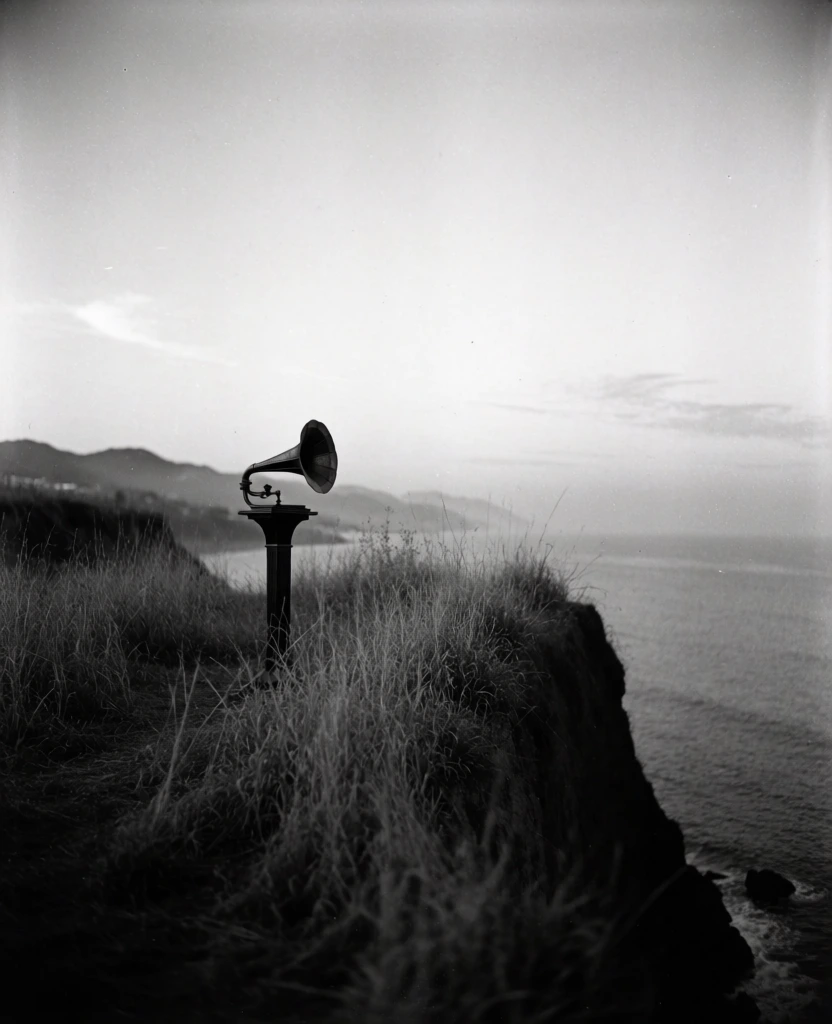 a single mechanical horn on a pedestal, tall wispy grass on a cliff edge, overlooking a misty ocean and coastline, high-contrast black and white film aesthetic, heavy grain texture, minimalist silhouette composition against a pale washed-out sky, moody and ethereal atmosphere, fine art photography style, low-key lighting, subtle gray gradients, evocative and hauntingly silent mood, vintage paper texture, surrealist imagery