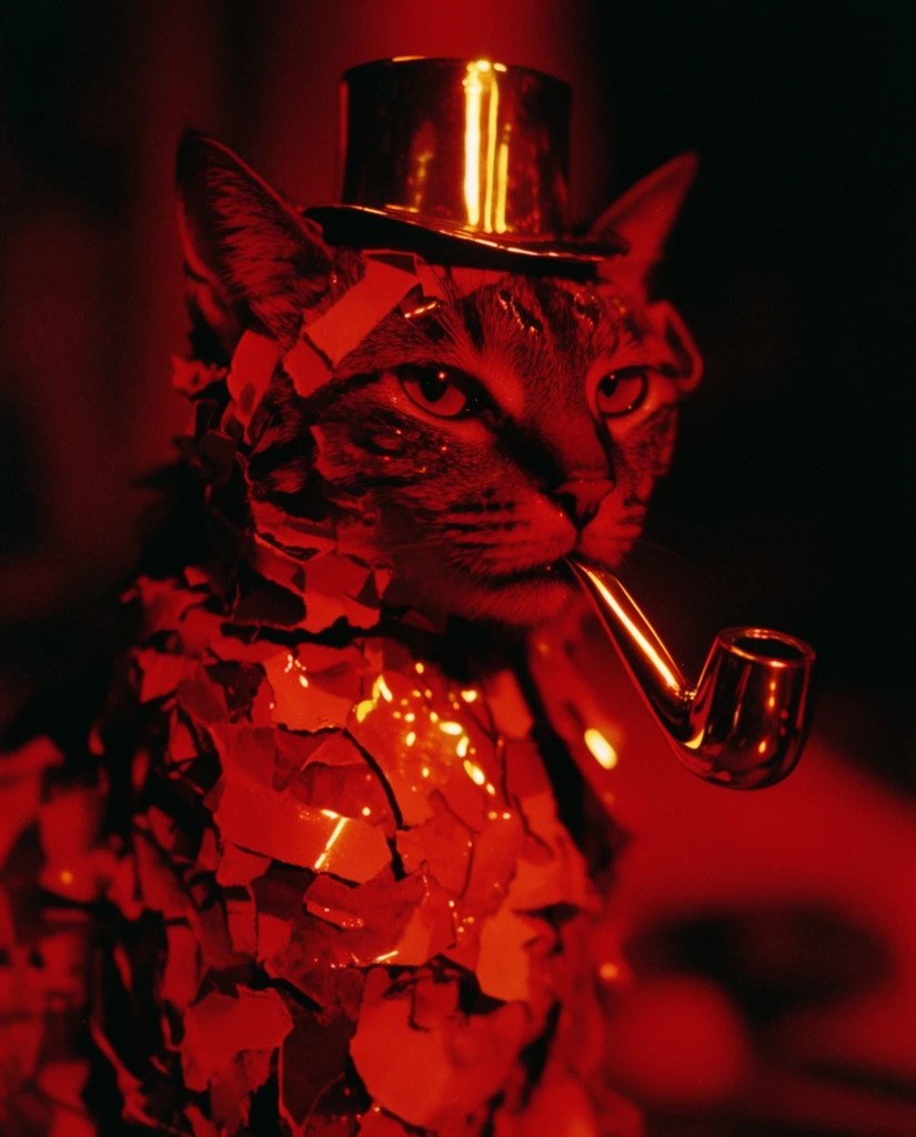 A cat wearing a top hat and holding a pipe, its body covered in torn paper scraps, is illuminated by deep, high-contrast monochromatic crimson lighting with intensely bright, liquid-gold specular highlights. The tightly framed subject occupies the center of a telephoto-compressed composition, surrounded by profound, crushing black shadows that completely obscure the environment. Continuous, sleek golden-yellow streaks of hard light reflect off the curved brim of the top hat, the cylindrical surface of the pipe, and the jagged, overlapping edges of the torn paper scraps, giving the textures a highly polished, glossy sheen. The intensely saturated color palette consists entirely of rich ruby reds, deep blacks, and blazing warm gold accents. A extremely shallow depth of field sharply focuses the midground elements while the immediate foreground and the deep background dissolve into soft, out-of-focus red gradients and heavy darkness. The visual rendering exhibits the distinct characteristics of high-contrast analog film photography, featuring a dense, rich grain structure and dramatic, ultra-reflective light interactions.